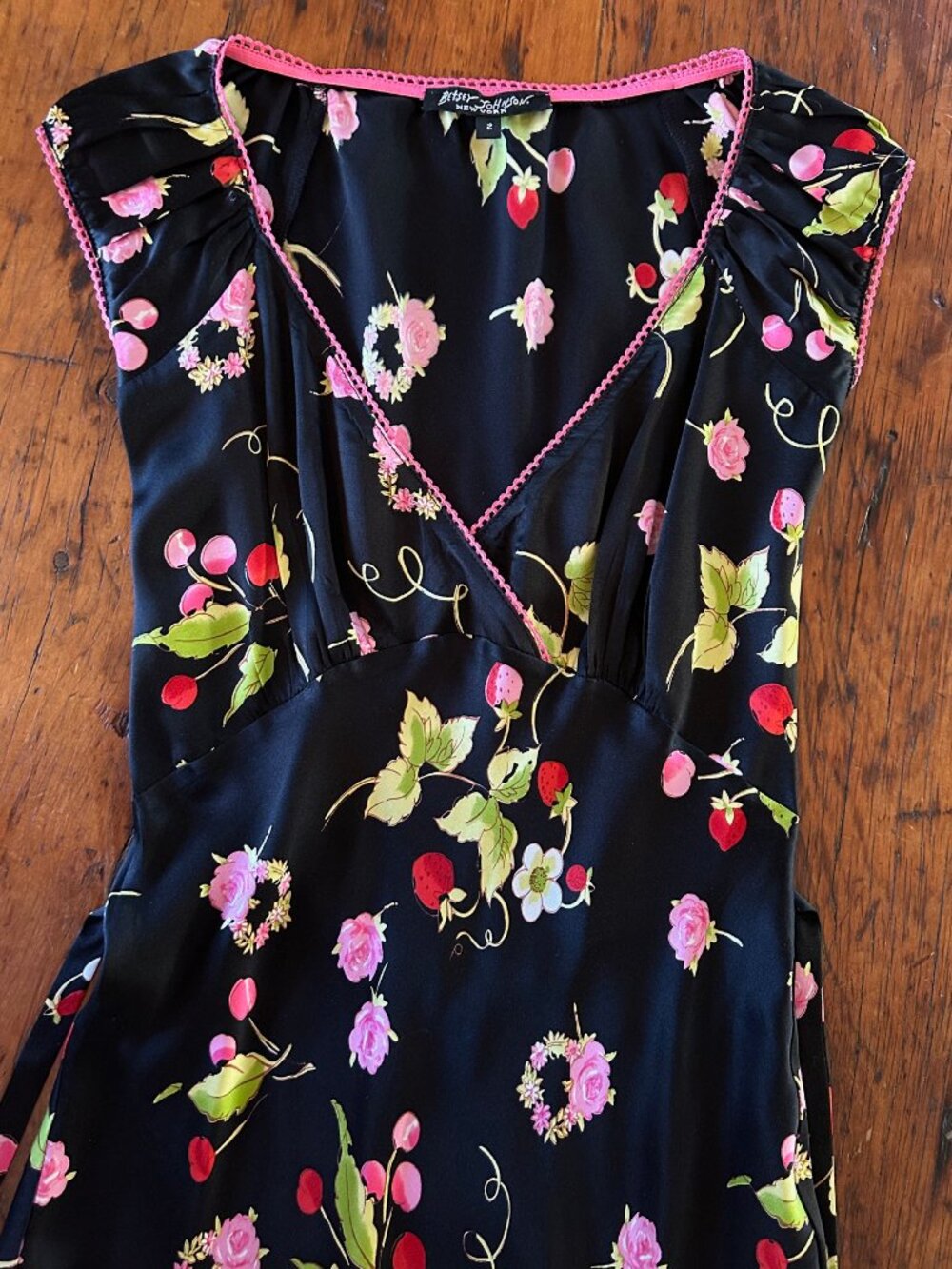 Vintage Betsey Johnson Strawberries Cherries Flowers Silk Milk Maid Dress - Picture 6 of 12